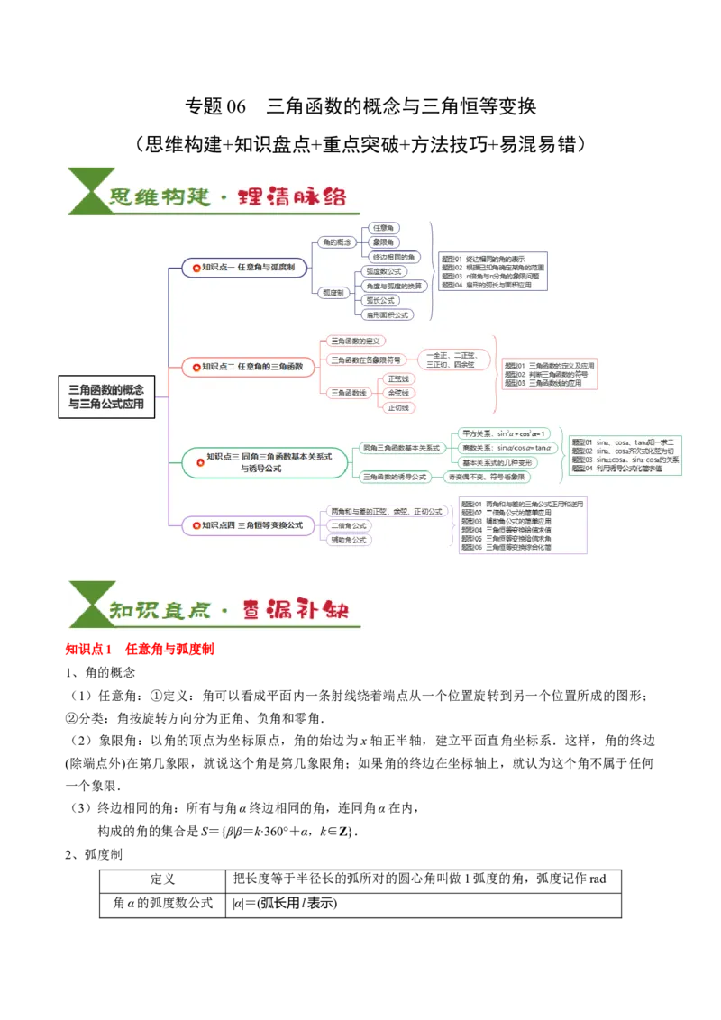 专题06三角函数的概念与三角公式应用（4知识点+3重难点+7方法技巧+5易错易混）（解析版）_2.2025数学总复习_2025年新高考资料_一轮复习_2025年高考数学一轮复习知识清单_知识必备&middot;夯基础