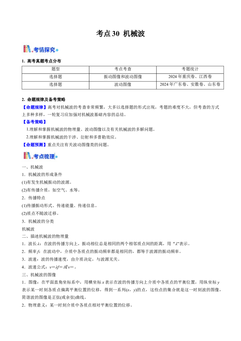 考点30机械波（核心考点精讲精练）（原卷版）_4.2025物理总复习_2025年新高考资料_一轮复习_备战2025年高考物理一轮复习考点帮（新高考通用）
