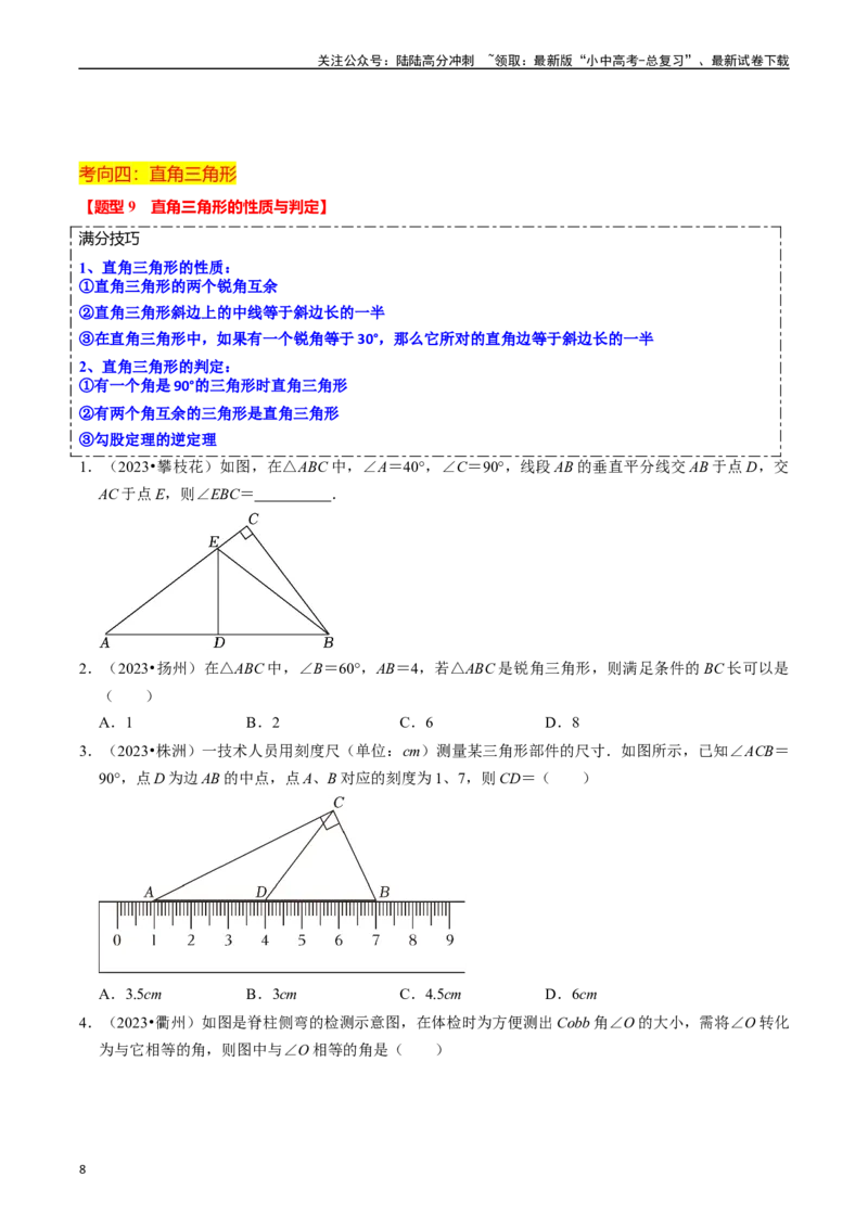 热点06全等三角形与特殊三角形（11大题型+满分技巧+限时分层检测）（原卷版）_02中考总复习（2026版更新中）_02-数学-中考总复习_2024年中考复习资料_二轮复习资料_热点