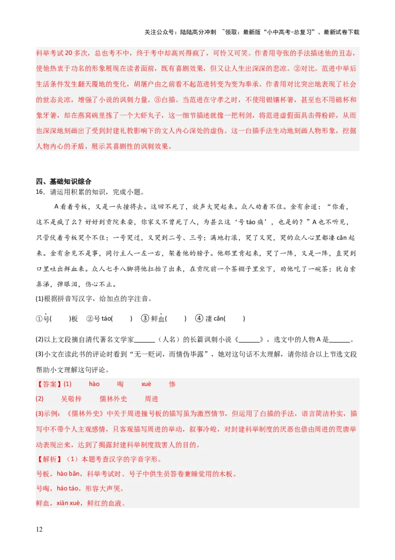 第11讲《儒林外史》整本书阅读(练习）（解析版）_02中考总复习（2026版更新中）_01-语文-中考总复习_2026年中考复习（更新中）_2026年中考语文一轮复习名著阅读