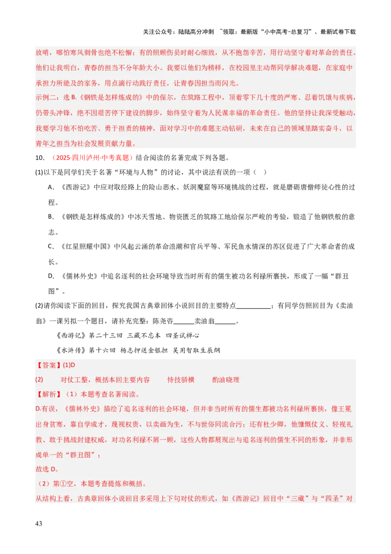 第11讲《儒林外史》整本书阅读(练习）（解析版）_02中考总复习（2026版更新中）_01-语文-中考总复习_2026年中考复习（更新中）_2026年中考语文一轮复习名著阅读