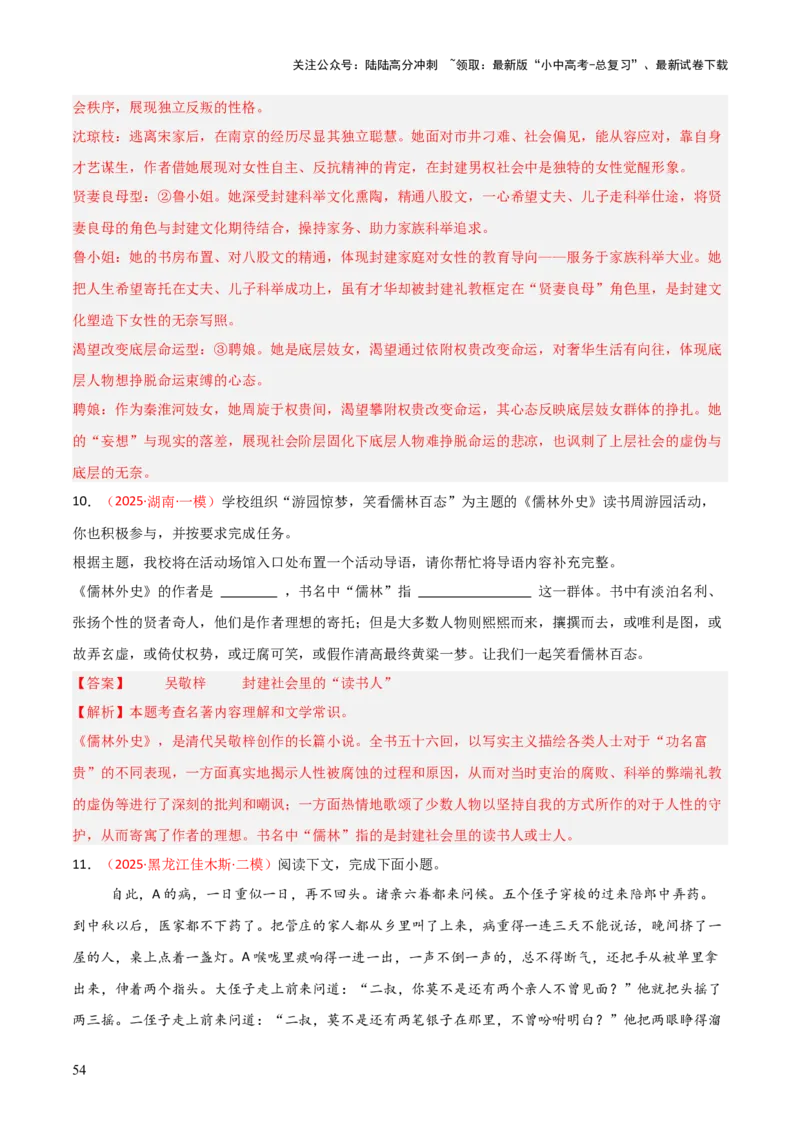 第11讲《儒林外史》整本书阅读(练习）（解析版）_02中考总复习（2026版更新中）_01-语文-中考总复习_2026年中考复习（更新中）_2026年中考语文一轮复习名著阅读