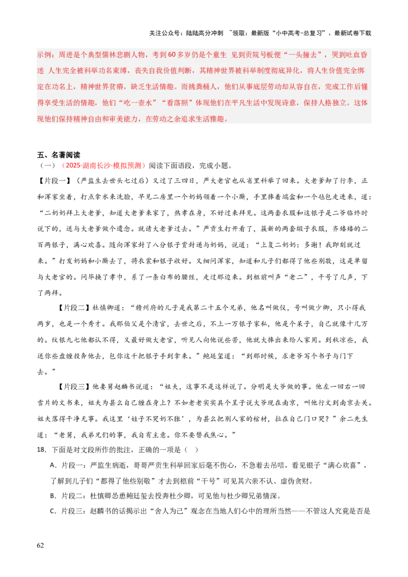 第11讲《儒林外史》整本书阅读(练习）（解析版）_02中考总复习（2026版更新中）_01-语文-中考总复习_2026年中考复习（更新中）_2026年中考语文一轮复习名著阅读