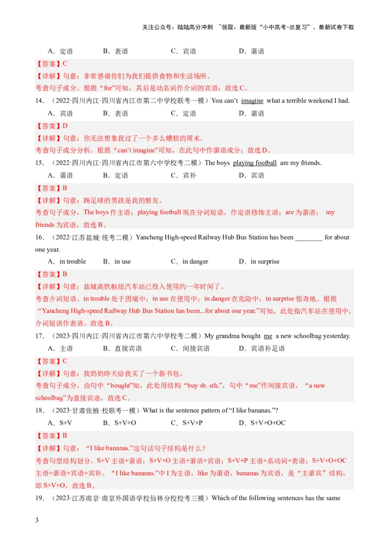 第19讲句子成分和基本句型（练习）-2024年中考英语一轮复习讲练测（全国通用）（解析版）_02中考总复习（2026版更新中）_03-英语-中考总复习_2024年中考复习资料_一轮复习