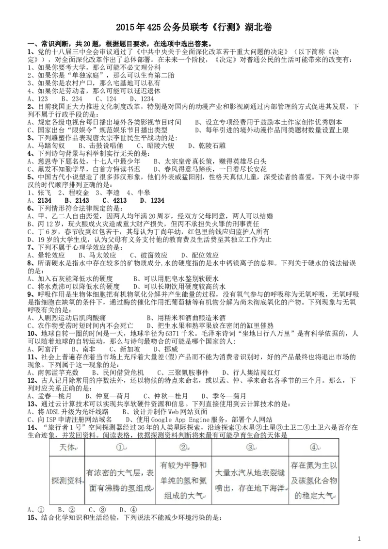 2015年425联考《行测》真题（湖北卷）_34省+国考真题_此文件夹为word版,不推荐使用_此word版为,不推荐使用_此word版为,不推荐使用_湖北公务员考试真题word版