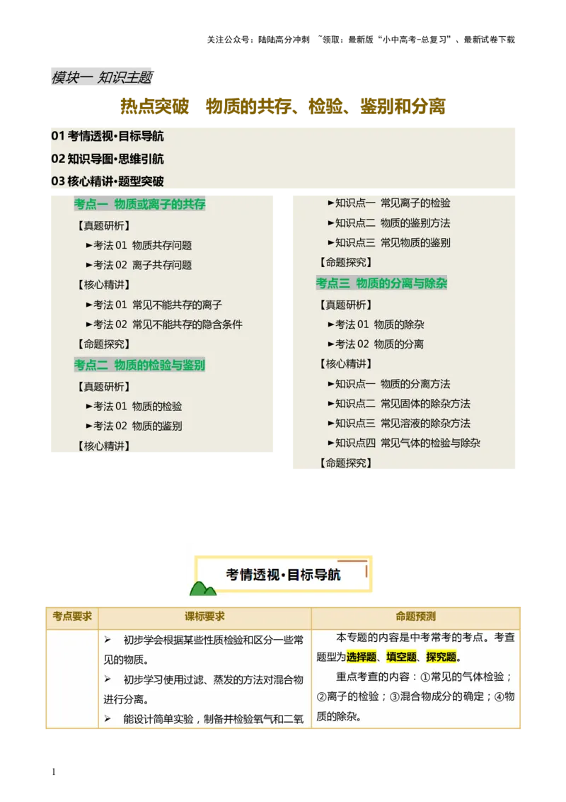 热点突破物质的共存、检验、鉴别和分离（讲练）（原卷版）_02中考总复习（2026版更新中）_05-化学-中考总复习_2025年中考复习资料_2025中考二轮课件ppt+讲义+练习化学_讲义+练习