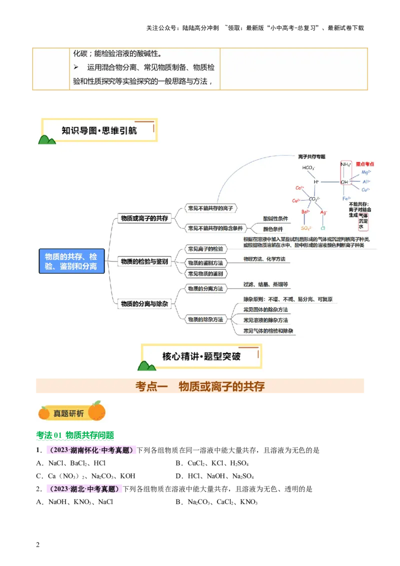 热点突破物质的共存、检验、鉴别和分离（讲练）（原卷版）_02中考总复习（2026版更新中）_05-化学-中考总复习_2025年中考复习资料_2025中考二轮课件ppt+讲义+练习化学_讲义+练习