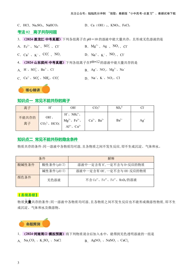 热点突破物质的共存、检验、鉴别和分离（讲练）（原卷版）_02中考总复习（2026版更新中）_05-化学-中考总复习_2025年中考复习资料_2025中考二轮课件ppt+讲义+练习化学_讲义+练习