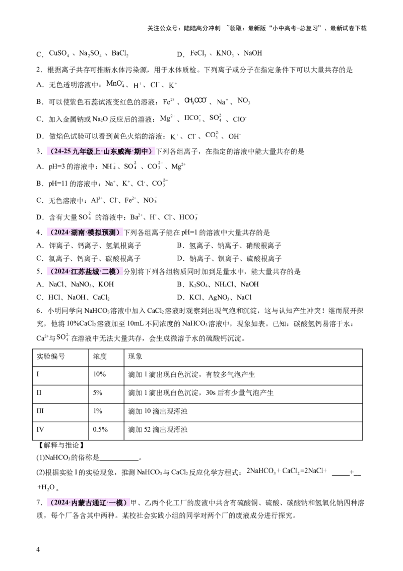 热点突破物质的共存、检验、鉴别和分离（讲练）（原卷版）_02中考总复习（2026版更新中）_05-化学-中考总复习_2025年中考复习资料_2025中考二轮课件ppt+讲义+练习化学_讲义+练习