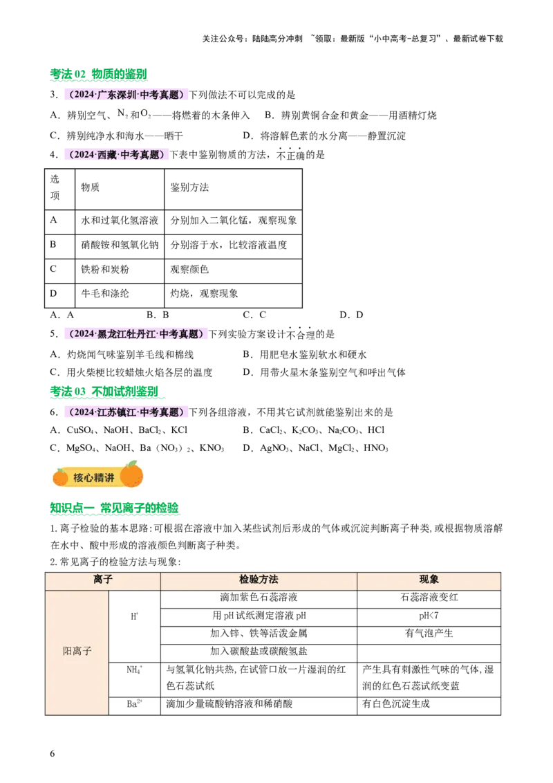 热点突破物质的共存、检验、鉴别和分离（讲练）（原卷版）_02中考总复习（2026版更新中）_05-化学-中考总复习_2025年中考复习资料_2025中考二轮课件ppt+讲义+练习化学_讲义+练习