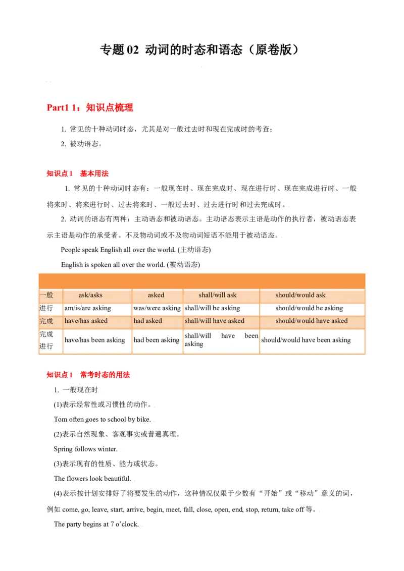 专题02动词（原卷版）_3.2025英语总复习_2023年新高考资料_专项复习_2023年高考英语知识清单(强化版)(原卷+解析卷)_专题02动词2023年高考英语知识清单(强化版)(原卷+解析卷)