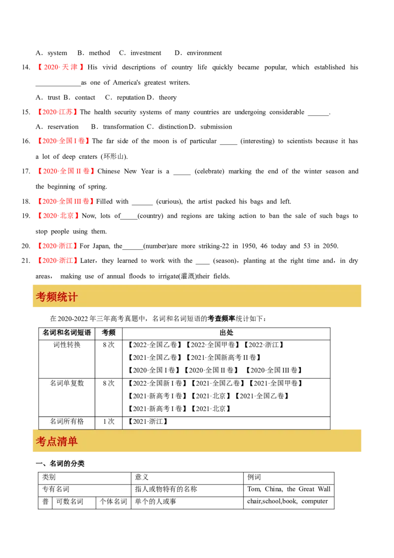 专题05名词和名词短语（原卷版）_3.2025英语总复习_2023年新高考资料_一轮复习_备战2023年高考英语一轮复习考点微专题（新高考专用）_一、语法与语法填空
