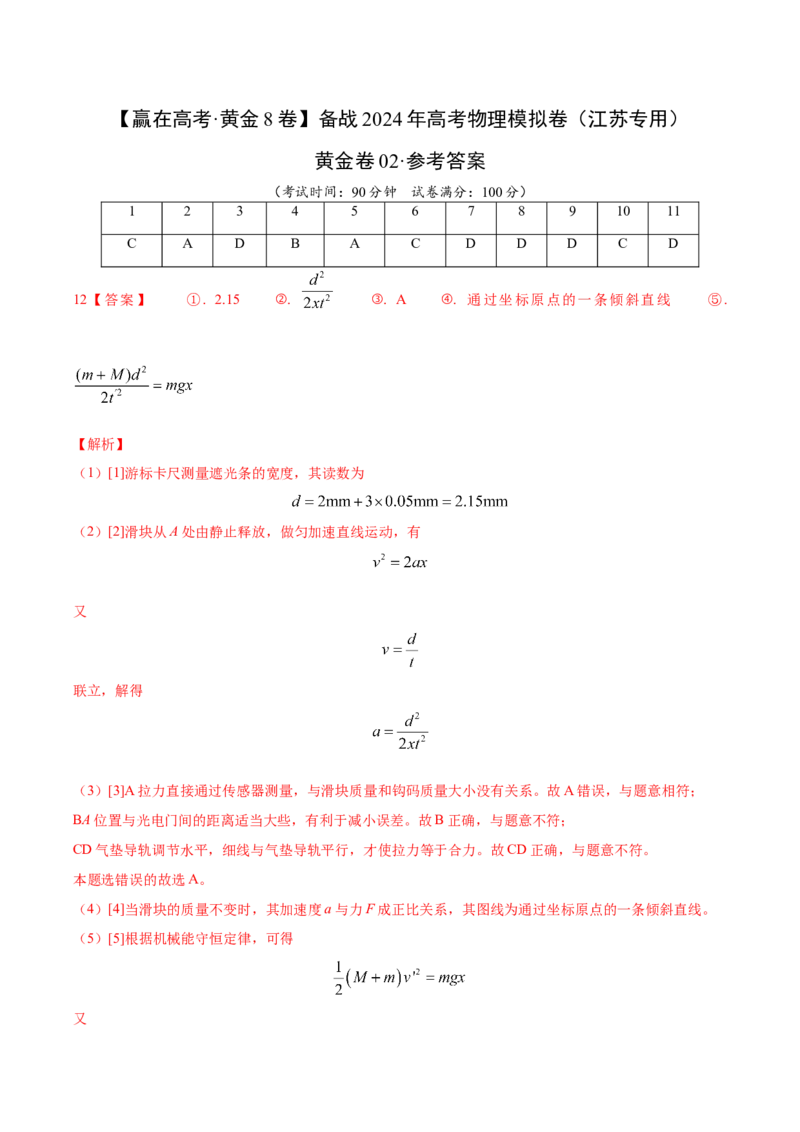 黄金卷02-赢在高考&middot;黄金8卷备战2024年高考物理模拟卷（全国卷专用）（参考答案）_4.2025物理总复习_2024年新高考资料_4.2024高考模拟预测试卷