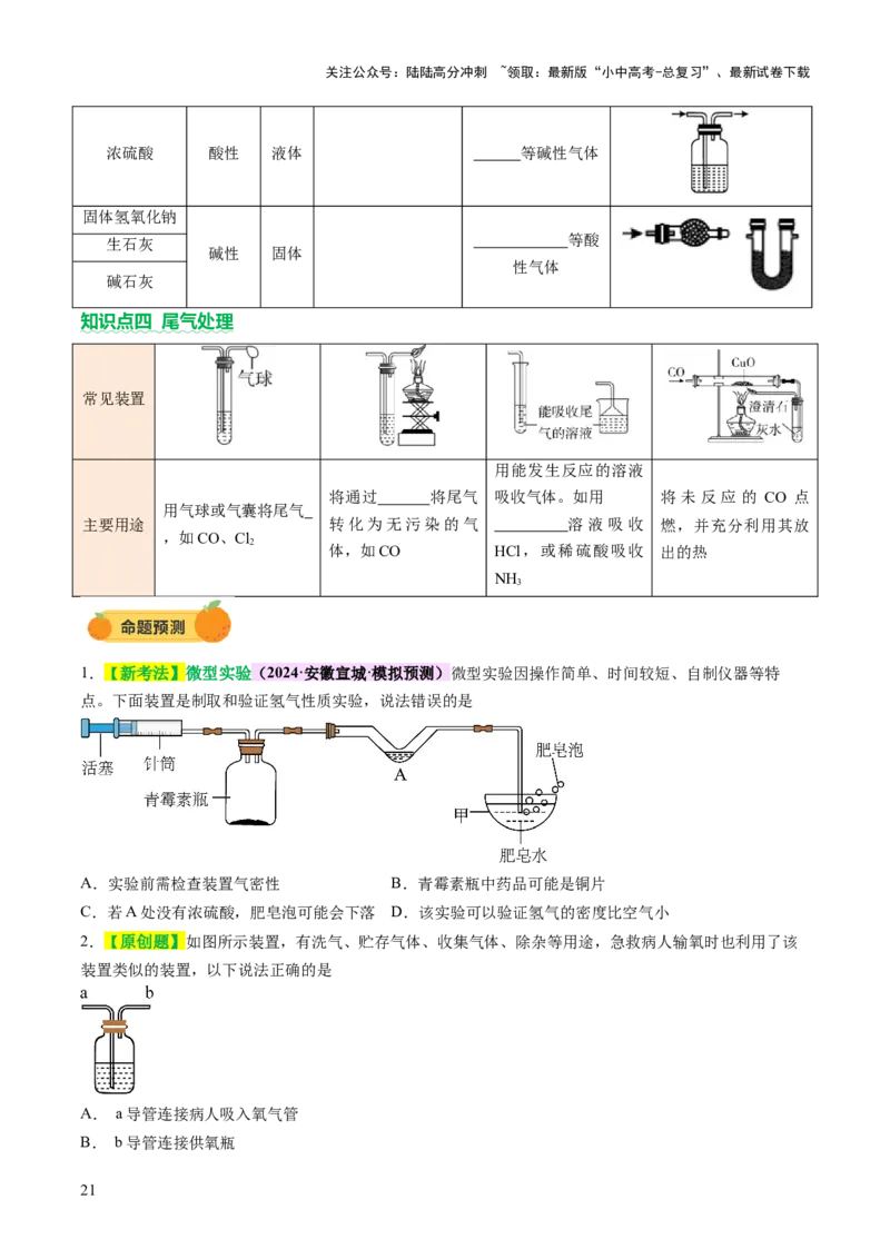 热点突破常见气体的制取与净化（讲练）（原卷版）_02中考总复习（2026版更新中）_05-化学-中考总复习_2025年中考复习资料_2025中考二轮课件ppt+讲义+练习化学_讲义+练习