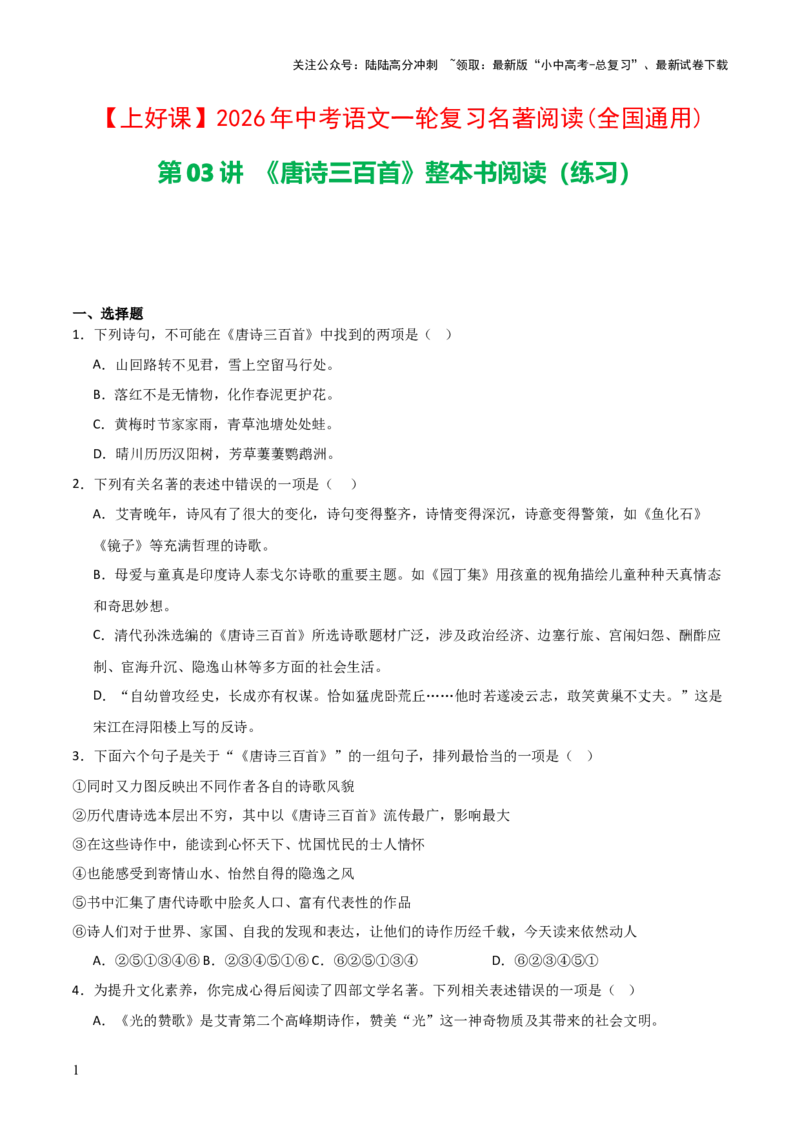 第03讲《唐诗三百首》整本书阅读(练习）（原卷版）_02中考总复习（2026版更新中）_01-语文-中考总复习_2026年中考复习（更新中）_2026年中考语文一轮复习名著阅读