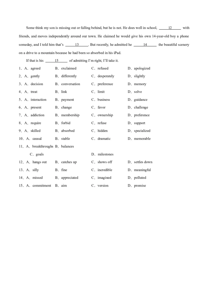 专题02完形填空之夹叙夹议（练习）（原卷版）_3.2025英语总复习_2024年新高考资料_2.2024二轮复习_2024年高考英语二轮复习讲练测（新教材新高考）_第三部分完形填空
