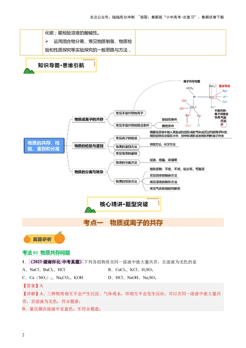 热点突破物质的共存、检验、鉴别和分离（讲练）（解析版）_02中考总复习（2026版更新中）_05-化学-中考总复习_2025年中考复习资料_2025中考二轮课件ppt+讲义+练习化学_讲义+练习