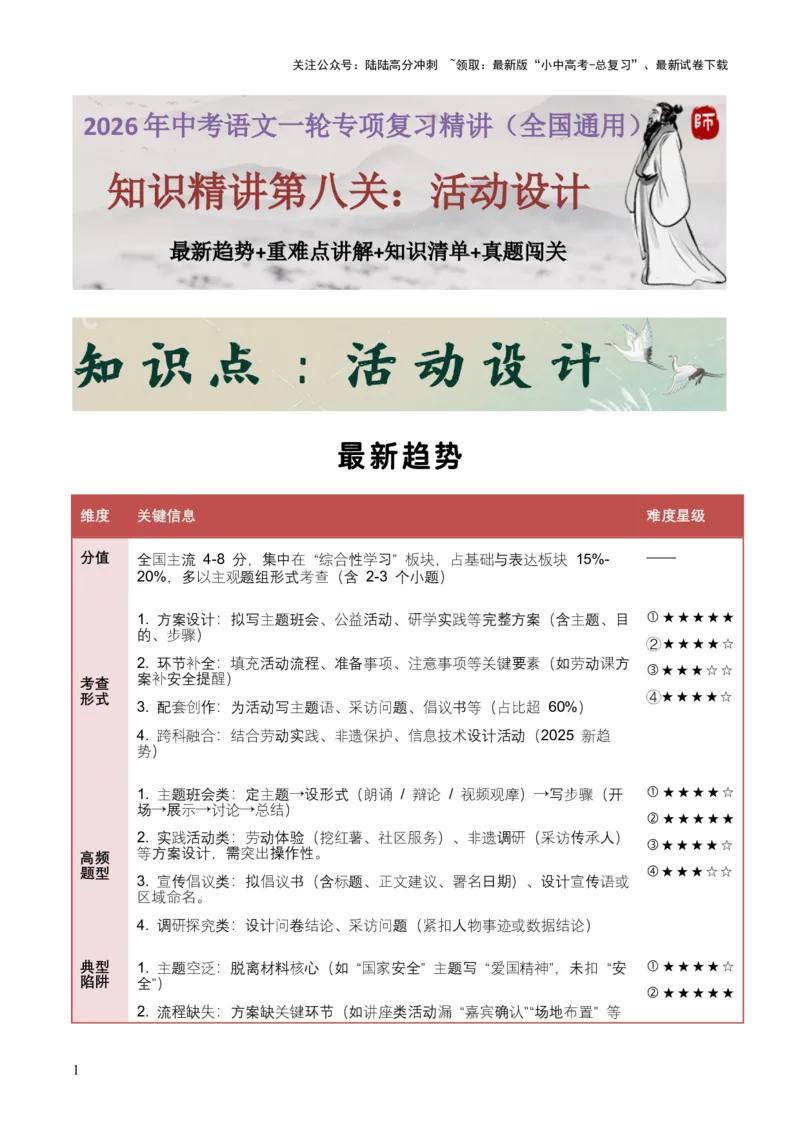 知识点精讲第八关：基础知识综合&mdash;08活动设计考查趋势+重难点讲解+知识清单+真题闯关（全国通用）（原卷版）_02中考总复习（2026版更新中）_01-语文-中考总复习