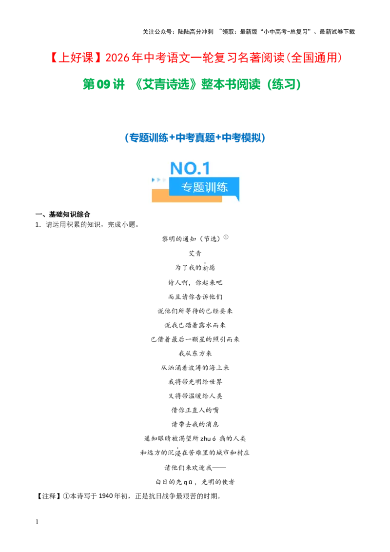 第09讲《艾青诗选》整本书阅读(练习）（原卷版）_02中考总复习（2026版更新中）_01-语文-中考总复习_2026年中考复习（更新中）_2026年中考语文一轮复习名著阅读