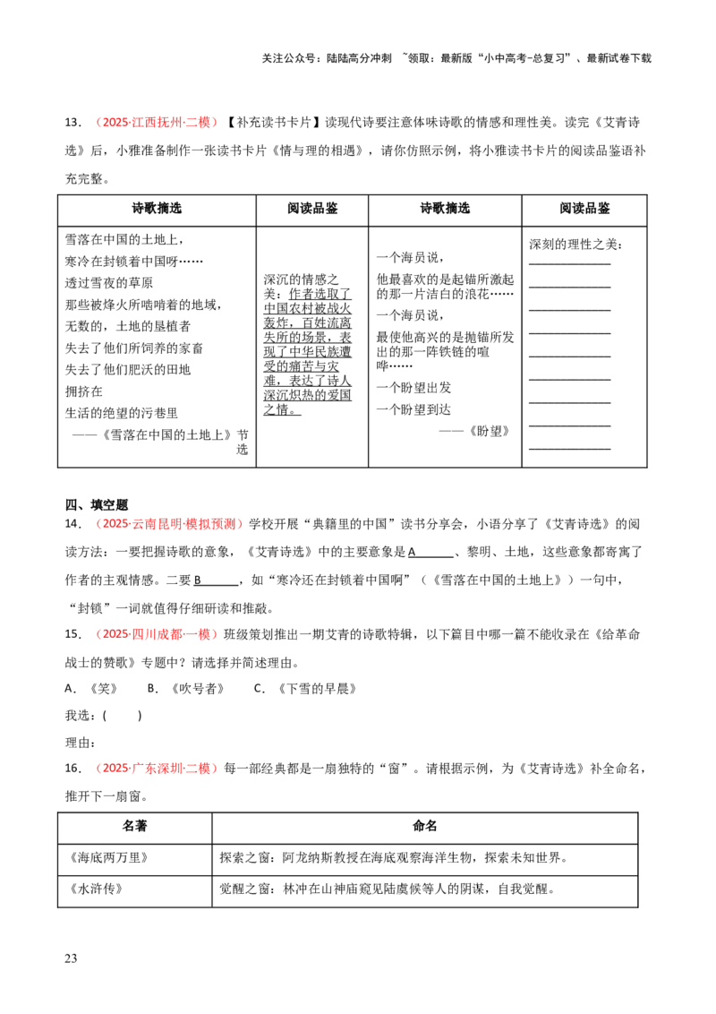 第09讲《艾青诗选》整本书阅读(练习）（原卷版）_02中考总复习（2026版更新中）_01-语文-中考总复习_2026年中考复习（更新中）_2026年中考语文一轮复习名著阅读