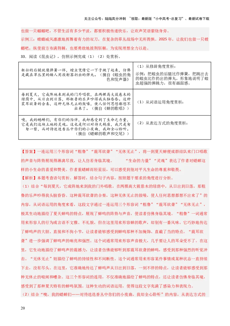第06讲《昆虫记》整本书阅读(练习）（解析版）_02中考总复习（2026版更新中）_01-语文-中考总复习_2026年中考复习（更新中）_2026年中考语文一轮复习名著阅读