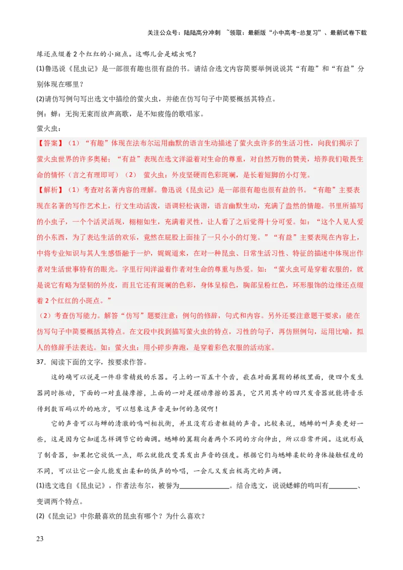 第06讲《昆虫记》整本书阅读(练习）（解析版）_02中考总复习（2026版更新中）_01-语文-中考总复习_2026年中考复习（更新中）_2026年中考语文一轮复习名著阅读