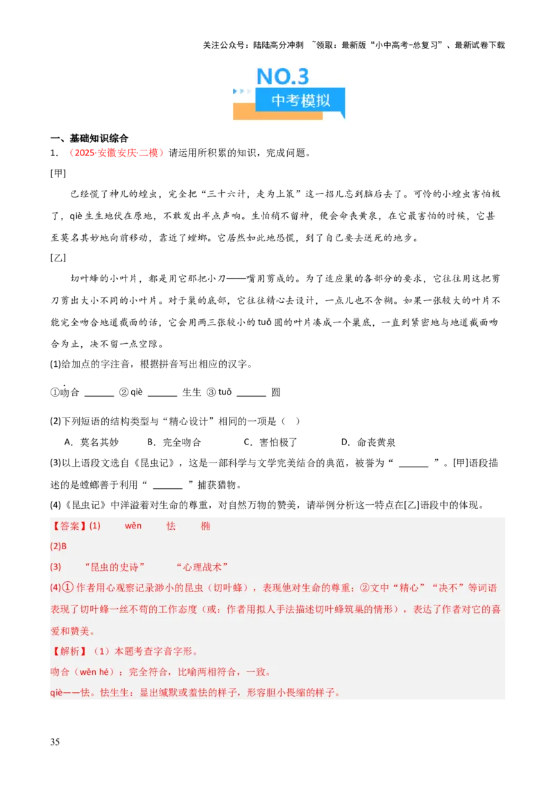 第06讲《昆虫记》整本书阅读(练习）（解析版）_02中考总复习（2026版更新中）_01-语文-中考总复习_2026年中考复习（更新中）_2026年中考语文一轮复习名著阅读