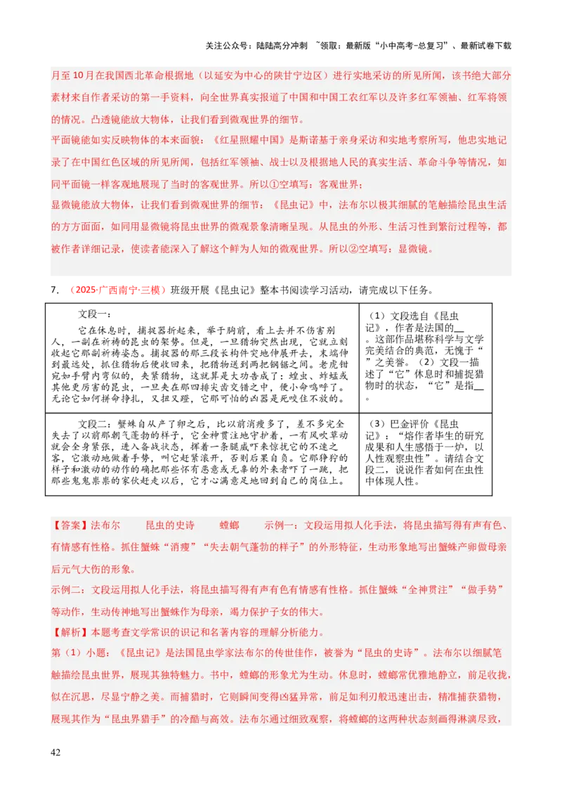 第06讲《昆虫记》整本书阅读(练习）（解析版）_02中考总复习（2026版更新中）_01-语文-中考总复习_2026年中考复习（更新中）_2026年中考语文一轮复习名著阅读