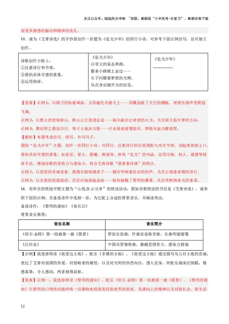 第09讲《艾青诗选》整本书阅读(练习）（解析版）_02中考总复习（2026版更新中）_01-语文-中考总复习_2026年中考复习（更新中）_2026年中考语文一轮复习名著阅读