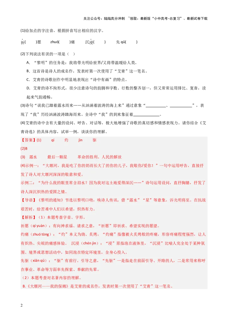 第09讲《艾青诗选》整本书阅读(练习）（解析版）_02中考总复习（2026版更新中）_01-语文-中考总复习_2026年中考复习（更新中）_2026年中考语文一轮复习名著阅读