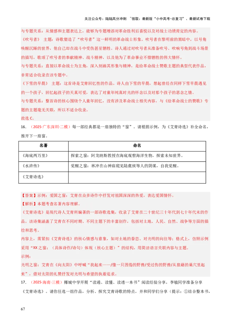 第09讲《艾青诗选》整本书阅读(练习）（解析版）_02中考总复习（2026版更新中）_01-语文-中考总复习_2026年中考复习（更新中）_2026年中考语文一轮复习名著阅读