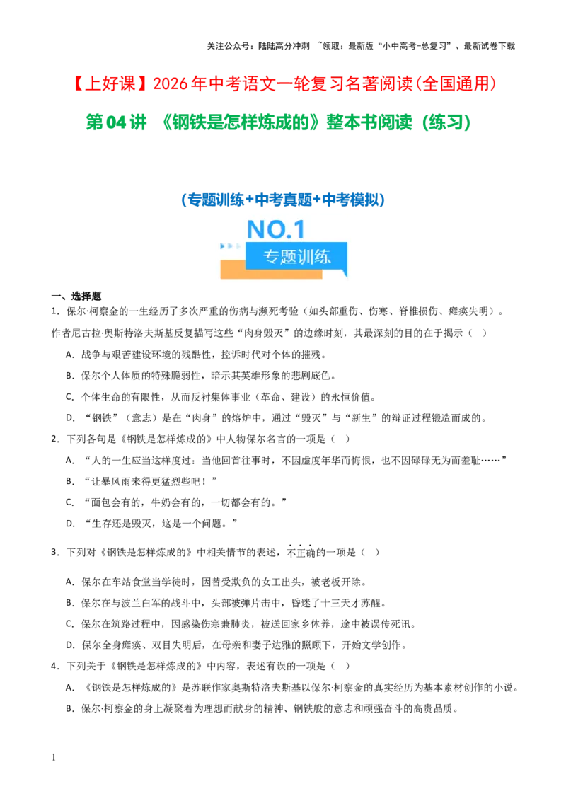 第04讲《钢铁是怎样炼成的》整本书阅读(练习）（原卷版）_02中考总复习（2026版更新中）_01-语文-中考总复习_2026年中考复习（更新中）_2026年中考语文一轮复习名著阅读