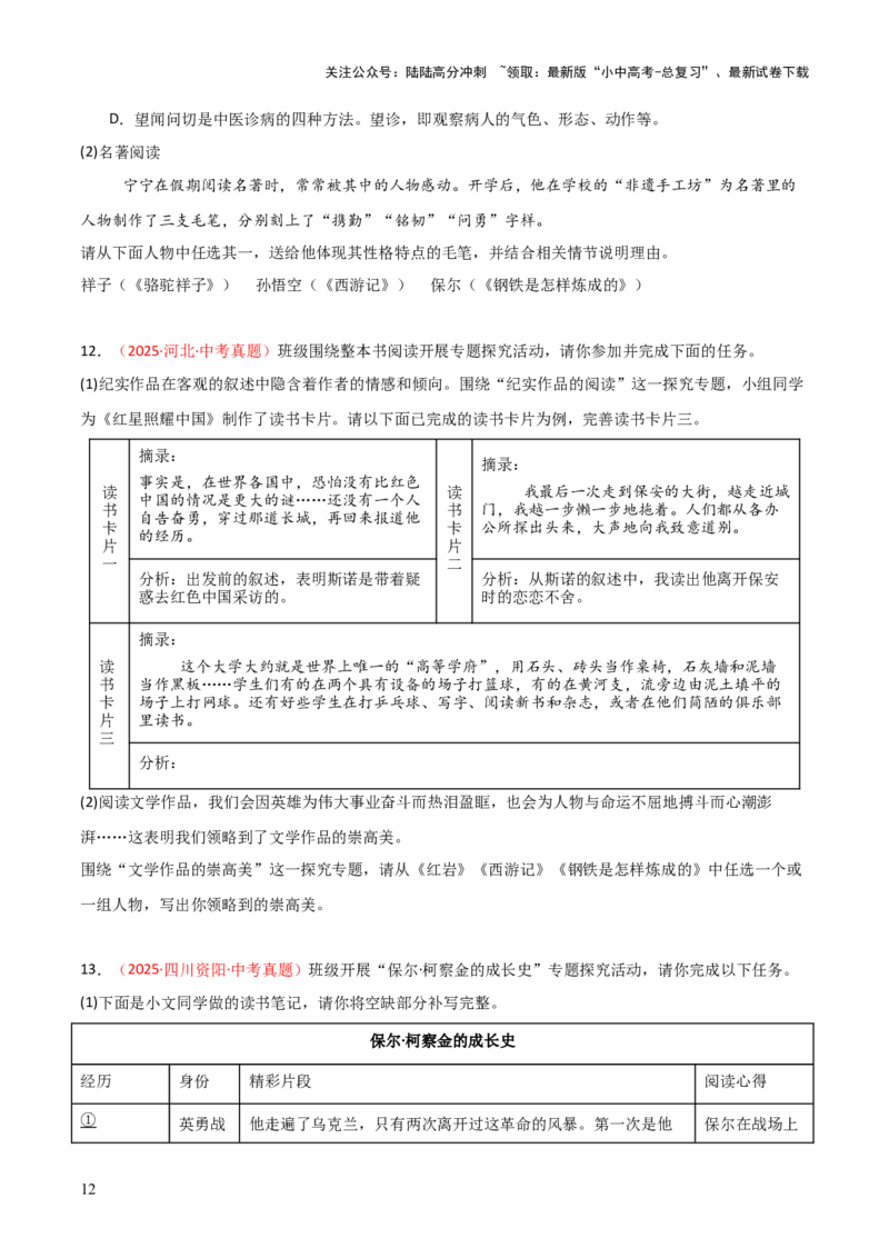 第04讲《钢铁是怎样炼成的》整本书阅读(练习）（原卷版）_02中考总复习（2026版更新中）_01-语文-中考总复习_2026年中考复习（更新中）_2026年中考语文一轮复习名著阅读