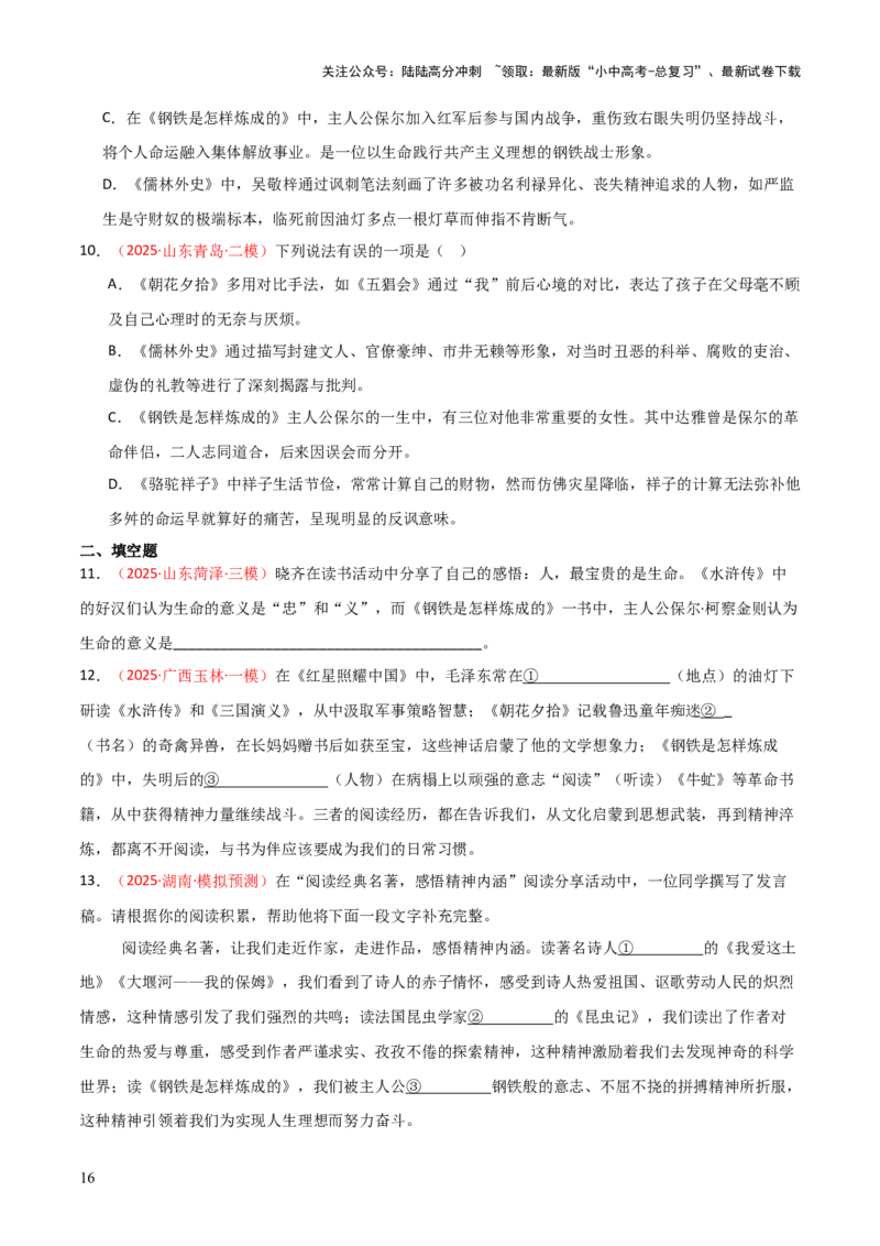 第04讲《钢铁是怎样炼成的》整本书阅读(练习）（原卷版）_02中考总复习（2026版更新中）_01-语文-中考总复习_2026年中考复习（更新中）_2026年中考语文一轮复习名著阅读