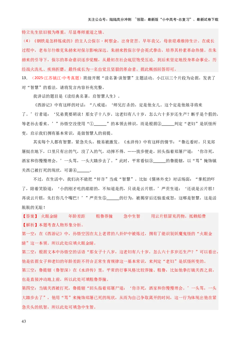 第10讲《水浒传》整本书阅读(练习）（解析版）_02中考总复习（2026版更新中）_01-语文-中考总复习_2026年中考复习（更新中）_2026年中考语文一轮复习名著阅读