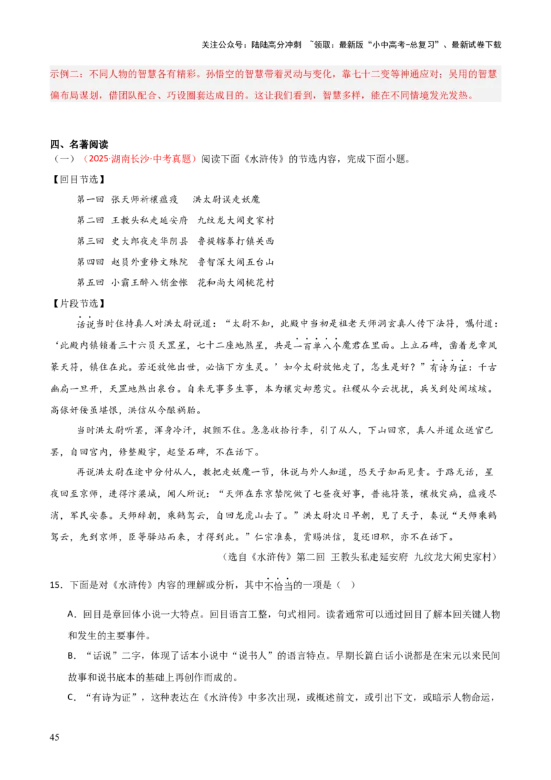 第10讲《水浒传》整本书阅读(练习）（解析版）_02中考总复习（2026版更新中）_01-语文-中考总复习_2026年中考复习（更新中）_2026年中考语文一轮复习名著阅读