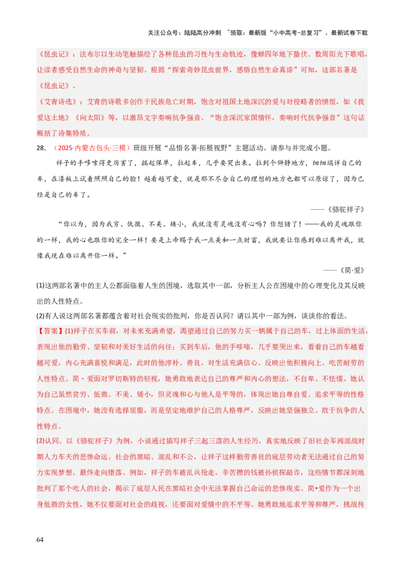 第12讲《简&middot;爱》整本书阅读(练习）（解析版）_02中考总复习（2026版更新中）_01-语文-中考总复习_2026年中考复习（更新中）_2026年中考语文一轮复习名著阅读