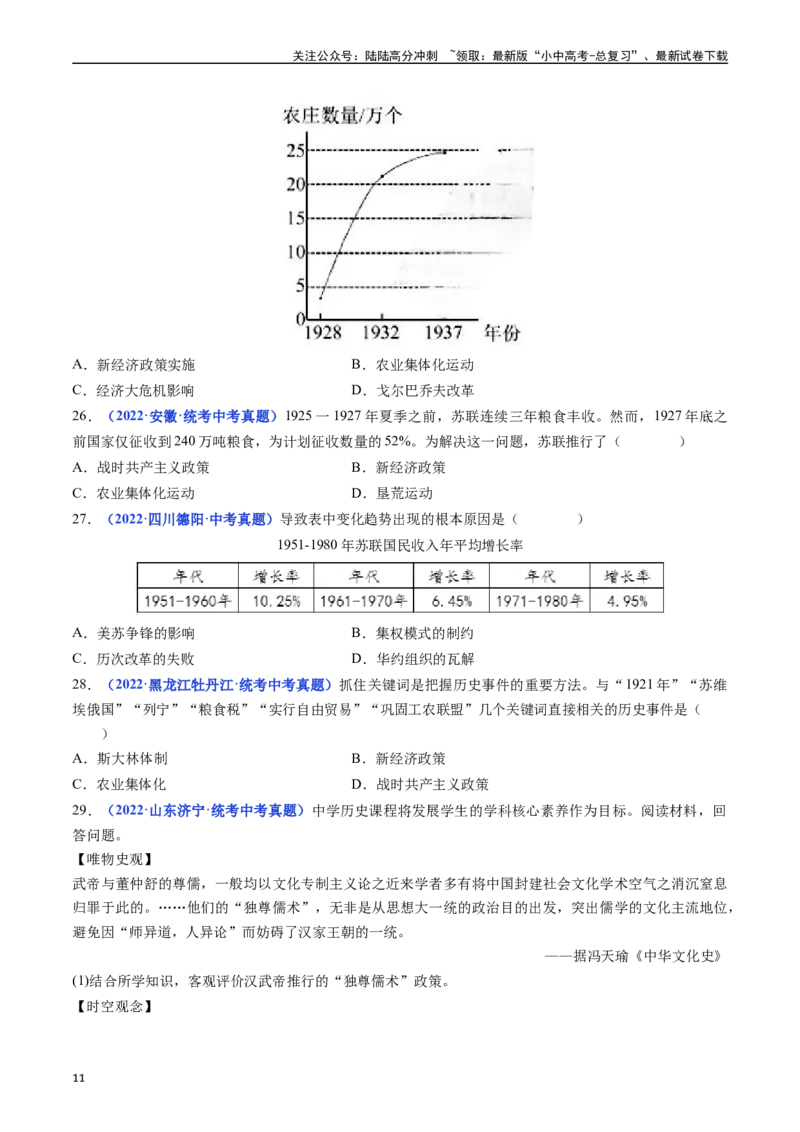 第11课苏联的社会主义建设（原卷版）_02中考总复习（2026版更新中）_06-历史-中考总复习_2024年中考复习资料_专项复习资料_完三年（2021-2023）中考历史真题分项汇编（全国通用）