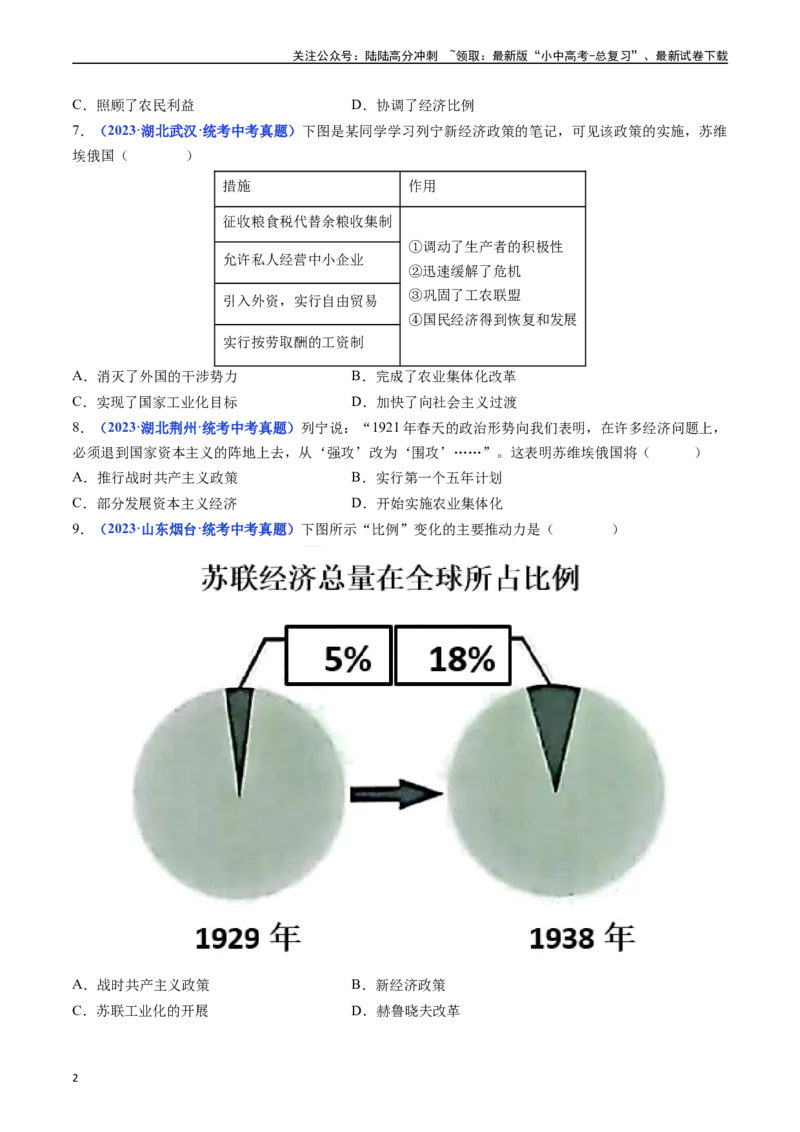 第11课苏联的社会主义建设（原卷版）_02中考总复习（2026版更新中）_06-历史-中考总复习_2024年中考复习资料_专项复习资料_完三年（2021-2023）中考历史真题分项汇编（全国通用）