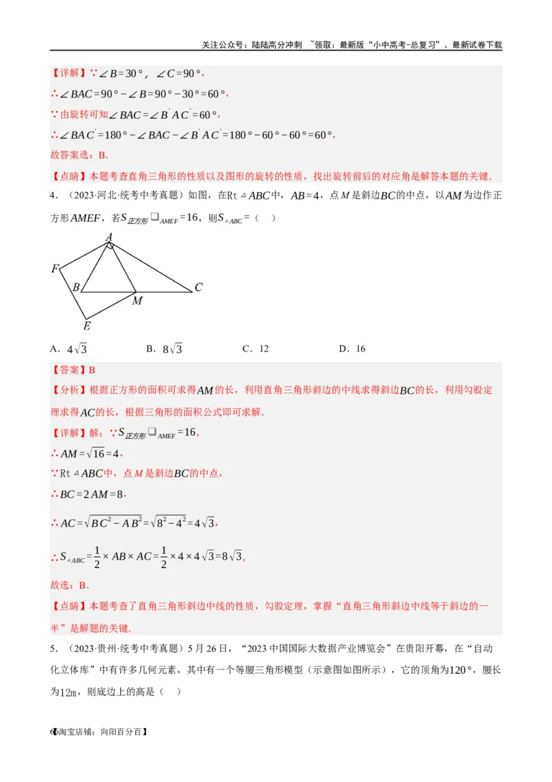 第19讲直角三角形（练习）（解析版）_02中考总复习（2026版更新中）_02-数学-中考总复习_2024年中考复习资料_一轮复习资料_配套练习（原卷版+解析版）_教师版（含答案解析）