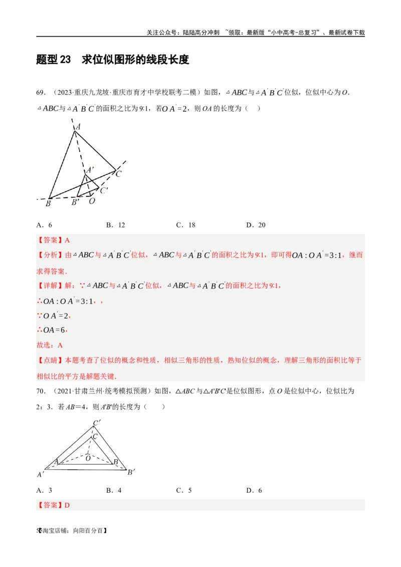第20讲图形的相似与位似（练习）（解析版）_02中考总复习（2026版更新中）_02-数学-中考总复习_2024年中考复习资料_一轮复习资料_配套练习（原卷版+解析版）_教师版（含答案解析）