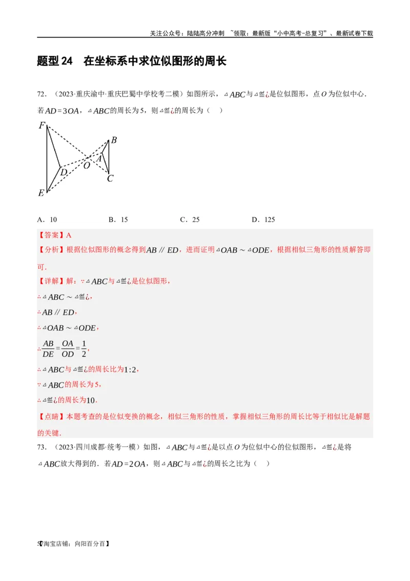 第20讲图形的相似与位似（练习）（解析版）_02中考总复习（2026版更新中）_02-数学-中考总复习_2024年中考复习资料_一轮复习资料_配套练习（原卷版+解析版）_教师版（含答案解析）