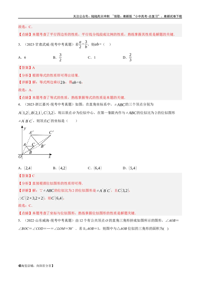 第20讲图形的相似与位似（练习）（解析版）_02中考总复习（2026版更新中）_02-数学-中考总复习_2024年中考复习资料_一轮复习资料_配套练习（原卷版+解析版）_教师版（含答案解析）
