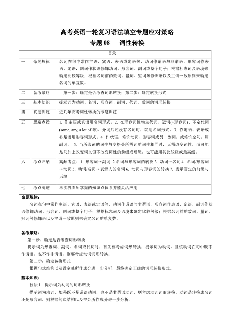 专题08词性转换(原卷版)_3.2025英语总复习_2024年新高考资料_3.2024专项复习_[高考字典]2024年高考英语一轮复习语法填空专题应对策略(通用版)