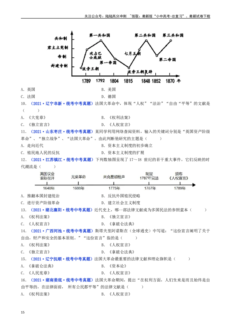 第19课法国大革命和拿破仑帝国（原卷版）_02中考总复习（2026版更新中）_06-历史-中考总复习_2024年中考复习资料_专项复习资料_完三年（2021-2023）中考历史真题分项汇编（全国通用）