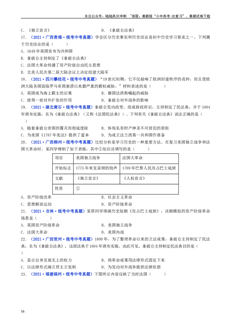 第19课法国大革命和拿破仑帝国（原卷版）_02中考总复习（2026版更新中）_06-历史-中考总复习_2024年中考复习资料_专项复习资料_完三年（2021-2023）中考历史真题分项汇编（全国通用）