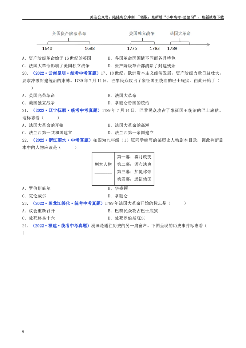 第19课法国大革命和拿破仑帝国（原卷版）_02中考总复习（2026版更新中）_06-历史-中考总复习_2024年中考复习资料_专项复习资料_完三年（2021-2023）中考历史真题分项汇编（全国通用）