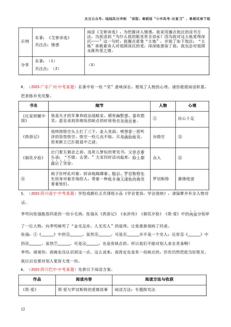 第12讲《简&middot;爱》整本书阅读(练习）（原卷版）_02中考总复习（2026版更新中）_01-语文-中考总复习_2026年中考复习（更新中）_2026年中考语文一轮复习名著阅读