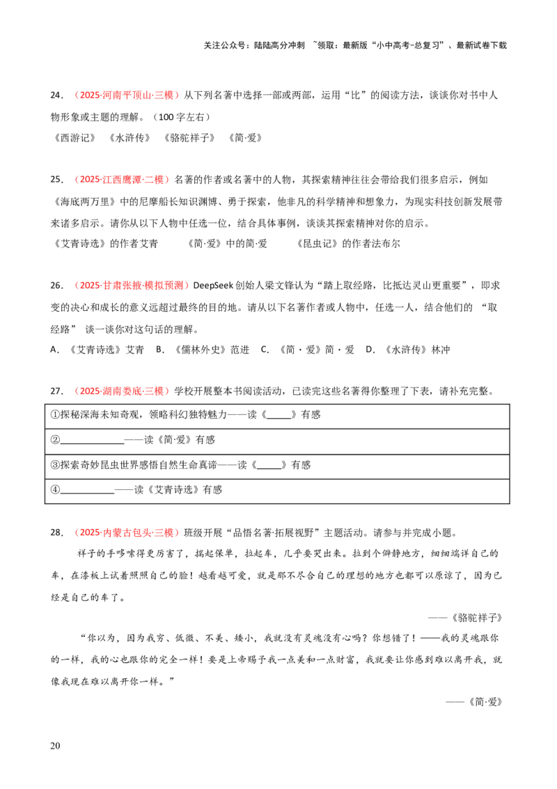 第12讲《简&middot;爱》整本书阅读(练习）（原卷版）_02中考总复习（2026版更新中）_01-语文-中考总复习_2026年中考复习（更新中）_2026年中考语文一轮复习名著阅读