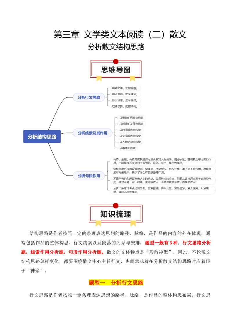 专题01：分析散文结构思路（原卷版）-上好课2025年高考语文一轮复习知识清单_1.2025语文总复习_2025年新高考资料_一轮复习_2025年高考语文一轮复习知识清单